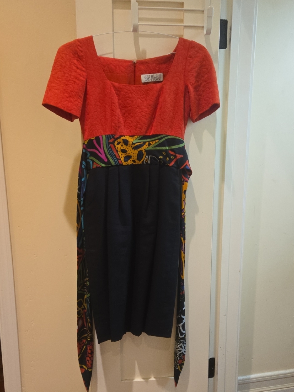 Bob Mackie Red Textured Bodice Black Midi Dress with Multicolor Silk Waist Sash